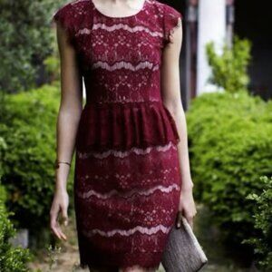 Maeve Anthropologie Ruby Red Lace Illusion Elsa Peplum Dress Size M Cocktail
